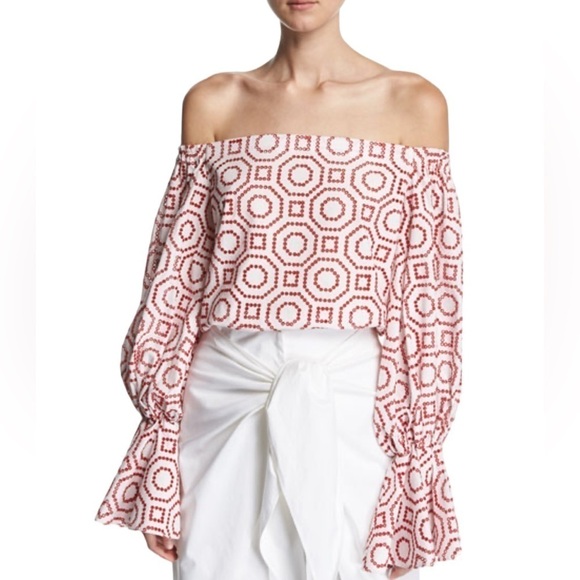 Alexis Micael Embroidered Eyelet Off-The-Shoulder Top Red White Small - Picture 8 of 13